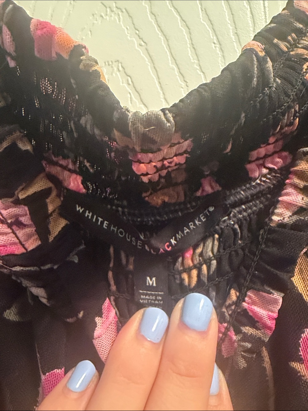 White House Black Market Black Off-Shoulder Floral Blouse with Pink Blooms - Picture 2 of 5